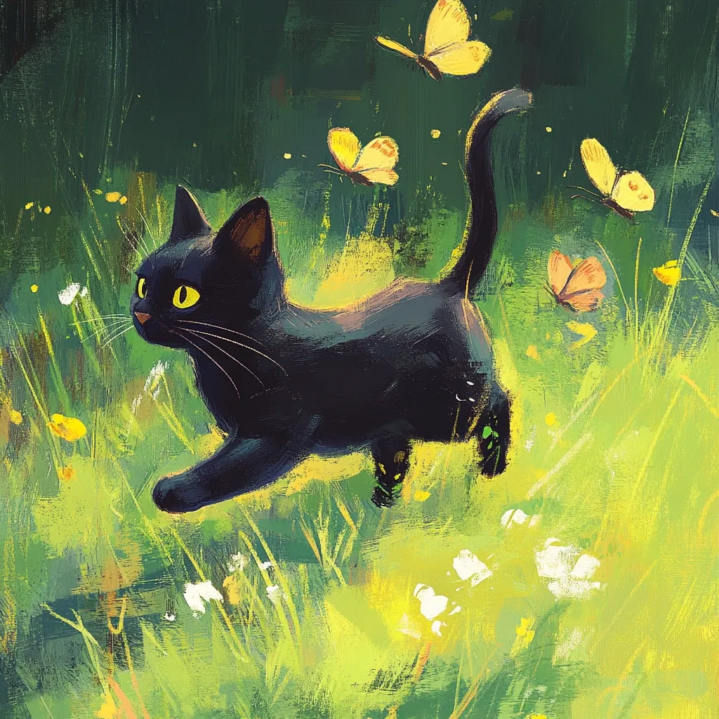 A playful black kitten bounds through a vibrant green meadow, surrounded by fluttering yellow butterflies.  The painting uses expressive brushstrokes, creating a joyful and whimsical scene.  The kitten's bright yellow eyes contrast with its dark fur, and the sunlight filters through the tall grass.  The overall impression is one of springtime energy and carefree delight.