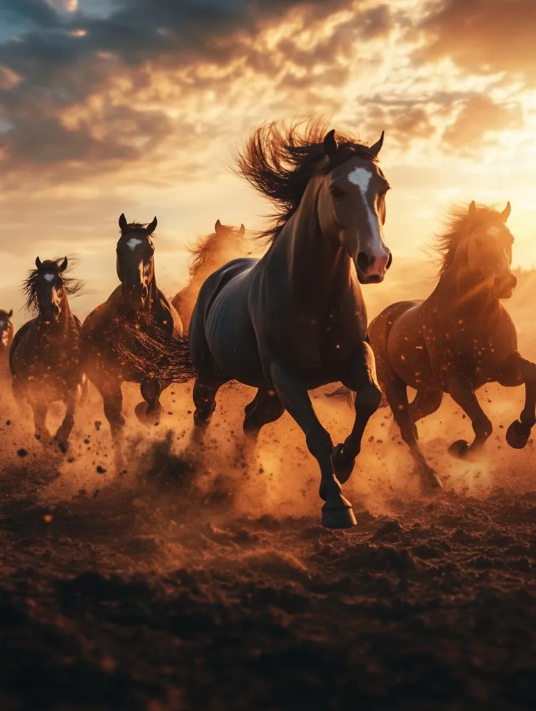 A herd of dark brown horses gallops across a dusty plain at sunset.  The lead horse, with a lighter colored face, is in sharp focus, its mane and tail flowing in the wind.  Dust billows around their hooves as they run, creating a dramatic and powerful image against the fiery orange and gold sky. The scene evokes a sense of wild freedom and untamed beauty.