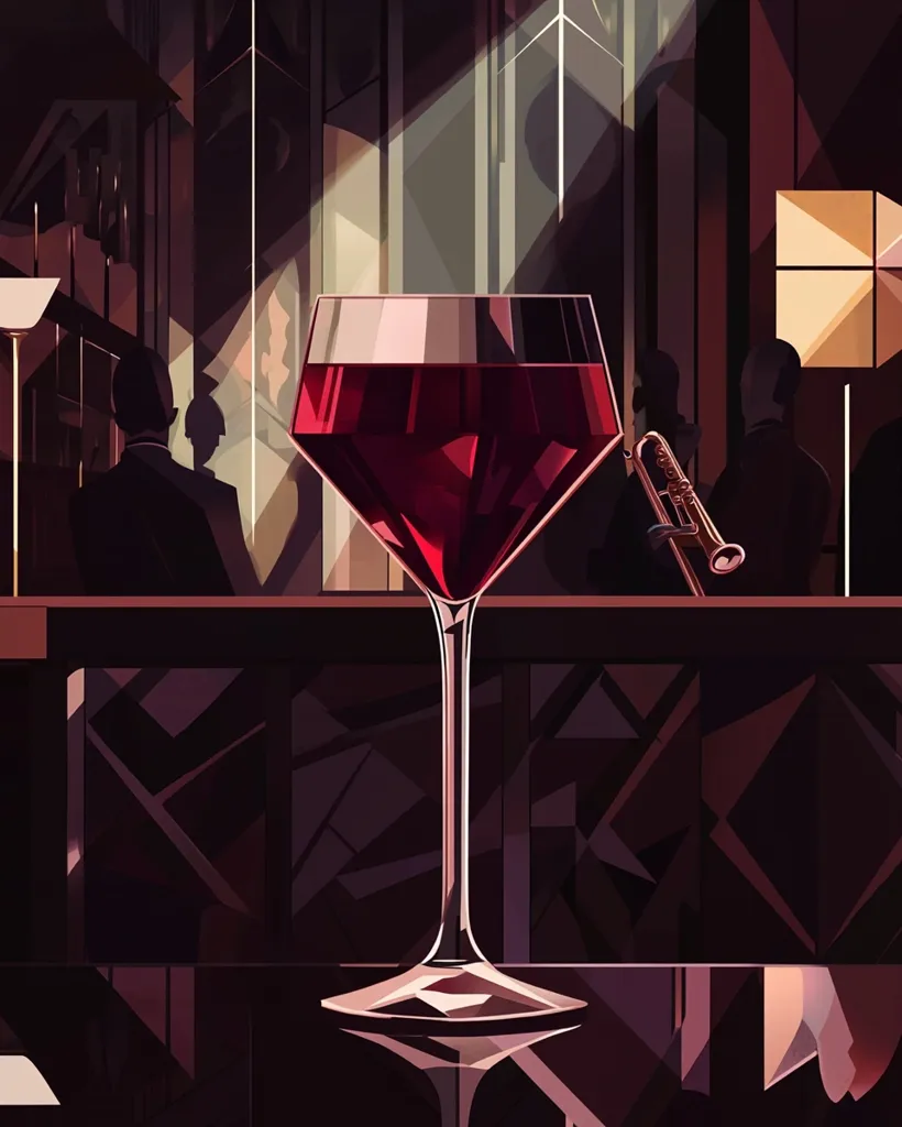 A stylized illustration depicts a glass of red wine on a dark table. The background features a dimly lit, sophisticated setting with shadowy figures, suggesting a bar or lounge.  Geometric shapes and strong contrasts of light and dark create a dramatic, almost Art Deco-inspired atmosphere. A trumpet rests subtly in the background, adding to the ambiance of a quiet, elegant evening.