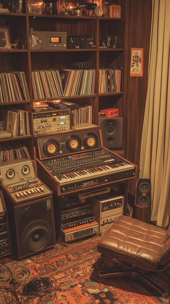 A vintage music studio is filled with vintage audio equipment.  A large wooden shelving unit displays numerous vinyl records and audio components.  A retro synthesizer with three speakers sits prominently, surrounded by other mixing boards and amplifiers.  A brown leather chair rests on an ornate rug, completing the warm, retro aesthetic.  The space evokes a sense of nostalgic creativity and musical passion.