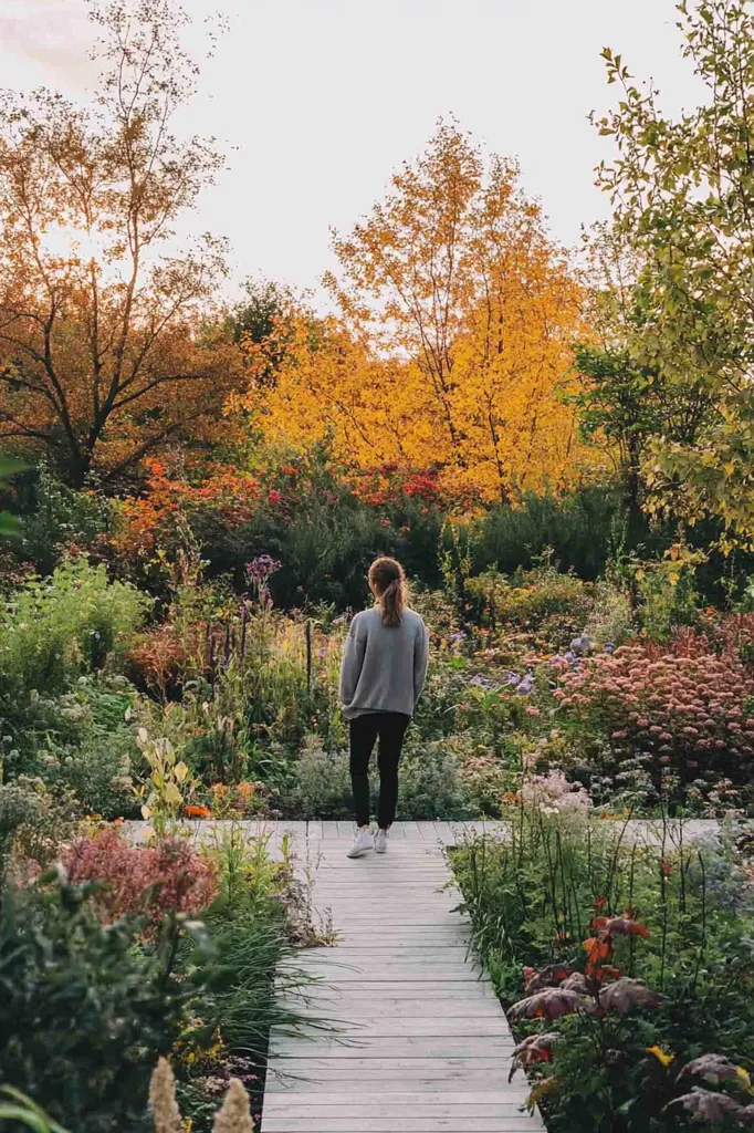 A woman stands on a light gray wooden path, gazing at a vibrant autumn garden.  The garden is a profusion of color, with trees displaying golden and red foliage, and a diverse array of flowering plants bordering the path. The scene is peaceful and evokes the beauty of the fall season.