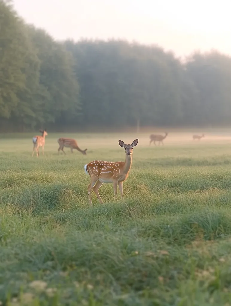 A young deer stands in a field of tall grass, gazing directly at the camera.  Several other deer are visible in the background, blurred by distance and the soft morning light. A misty forest forms a backdrop, creating a serene and peaceful atmosphere. The scene is bathed in the warm glow of sunrise.