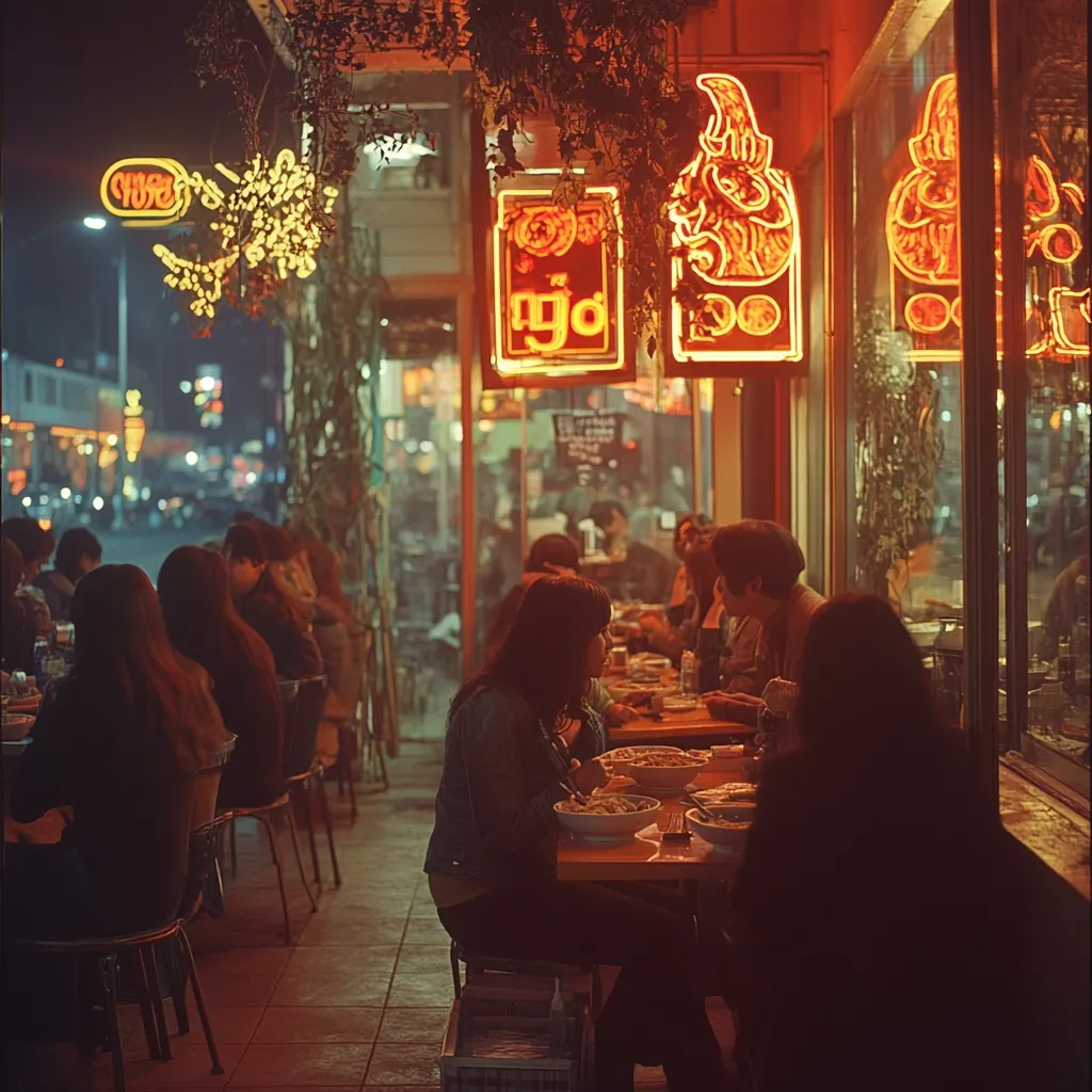 A nighttime scene at a bustling Asian restaurant.  Warm, orange neon signs illuminate the exterior and interior.  Patrons are seated at tables, enjoying meals. The restaurant's ambiance is lively yet intimate, with hanging plants adding a touch of nature to the urban setting. The overall atmosphere is one of casual, late-night dining in a vibrant neighborhood.