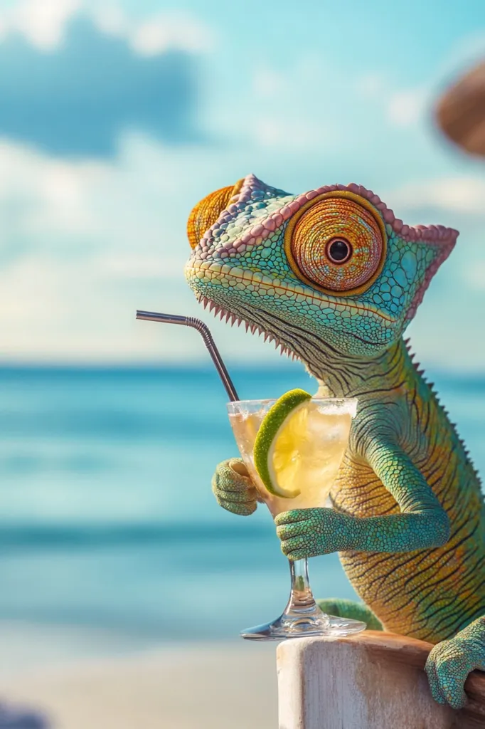A vibrant chameleon enjoys a refreshing cocktail on a sunny beach.  The chameleon, with its bright, colorful scales, holds a margarita glass with a lime wedge.  The turquoise ocean and clear sky create a picturesque backdrop to this humorous and idyllic scene.  The image is whimsical and suggests a carefree vacation vibe.