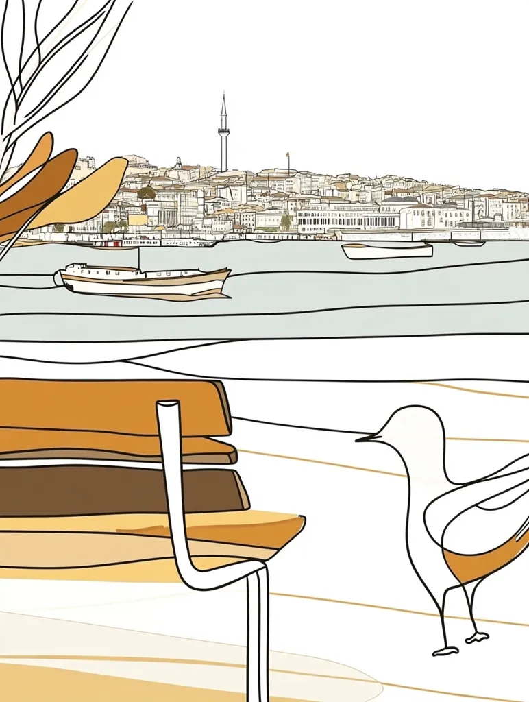 A stylized illustration depicts a waterfront scene.  A city skyline, featuring a minaret, stretches across the background.  Boats are visible on calm water in the foreground. A simple park bench and a bird are featured in the lower section, creating a peaceful, minimalist composition.  The color palette is warm and muted.