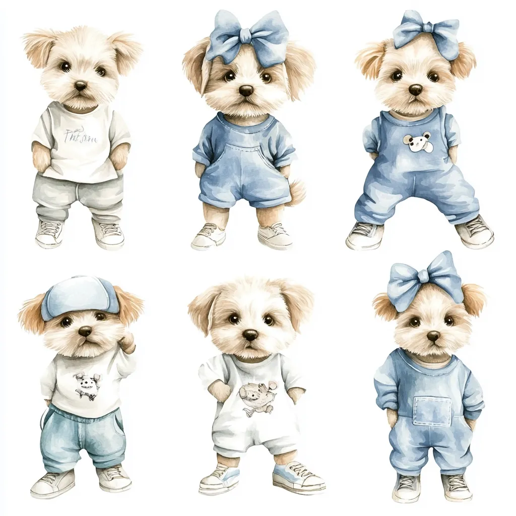 Six adorable watercolor illustrations of puppies in various outfits.  Three are female, wearing blue overalls and bows; three are male, in casual attire including a baseball cap and sneakers.  The puppies are light beige with fluffy fur, all exhibiting cute expressions.  The overall style is sweet and charming, ideal for children's products or decorations.