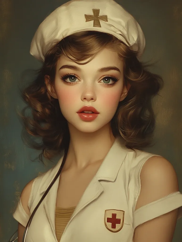 A digital painting depicts a young woman, styled in a vintage nurse's uniform.  She wears a crisp white cap adorned with a gold cross, a sleeveless jacket bearing a red cross emblem, and her brown hair is styled in soft waves. Her expression is serene, and her makeup is subtly applied. The overall aesthetic is reminiscent of classic pin-up art, with soft lighting and a muted background.
