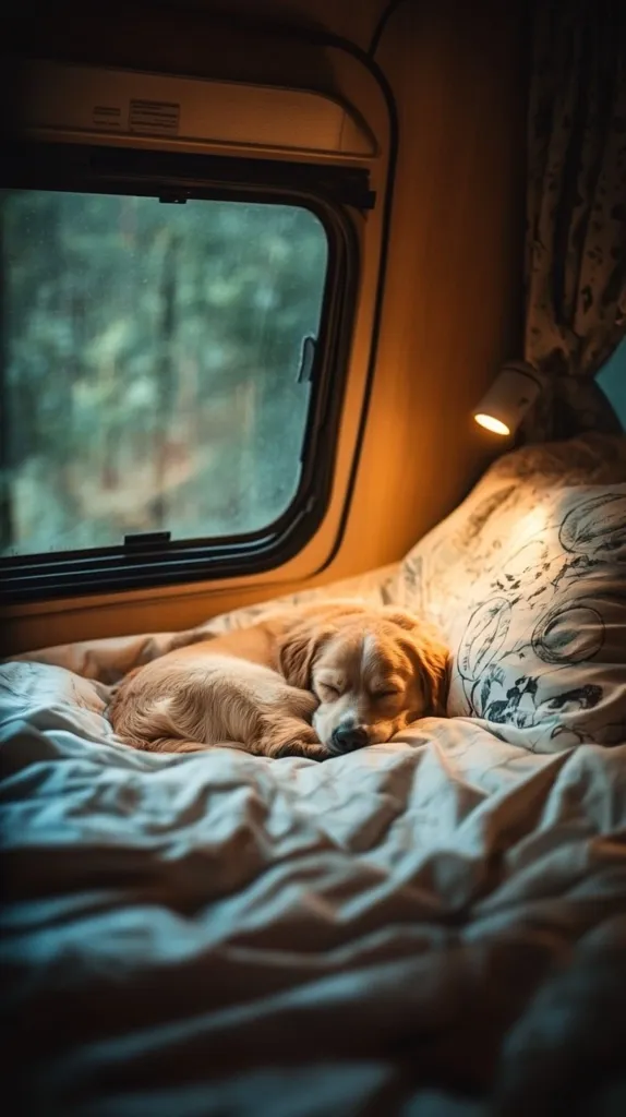 A light brown dog sleeps soundly on a bed inside a camper van.  A small lamp illuminates the cozy scene near a window showing a blurred forest.  The dog is curled up, nestled amongst soft bedding, creating a peaceful and tranquil atmosphere. The warm light casts a gentle glow on the scene.