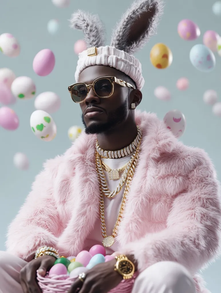 A stylish man, adorned in a pink fur coat and numerous gold chains, sports a white knit cap with bunny ears.  He holds a basket of pastel Easter eggs.  Gold-framed sunglasses and a diamond-encrusted watch complete his extravagant Easter look.  Colorful eggs float in the background, enhancing the festive atmosphere.