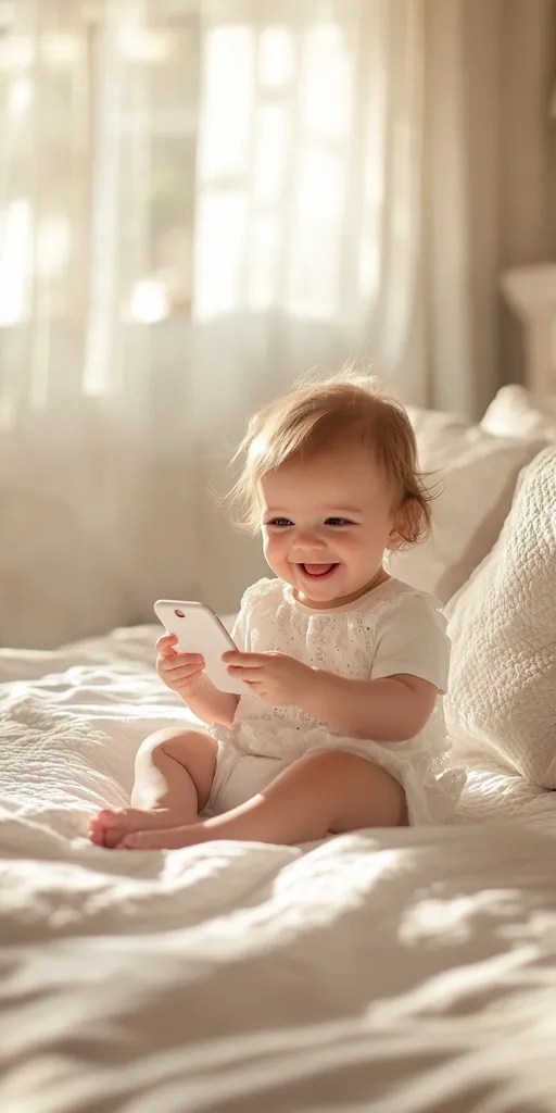 A smiling toddler, dressed in a white eyelet romper, sits on a white bed, holding a smartphone. Sunlight streams through a nearby window, illuminating the scene. The baby's joyful expression and relaxed posture create a heartwarming image of innocent curiosity.  The soft, white bedding provides a serene backdrop.