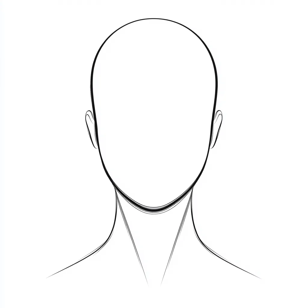 A minimalist line drawing depicts a faceless head and neck.  The outline is smooth and simple, with the head a rounded oval and the neck gracefully curving down to the shoulders. The style is clean and suggests a blank canvas for artistic expression or design purposes.  The image is entirely black and white, focusing on form and shape.