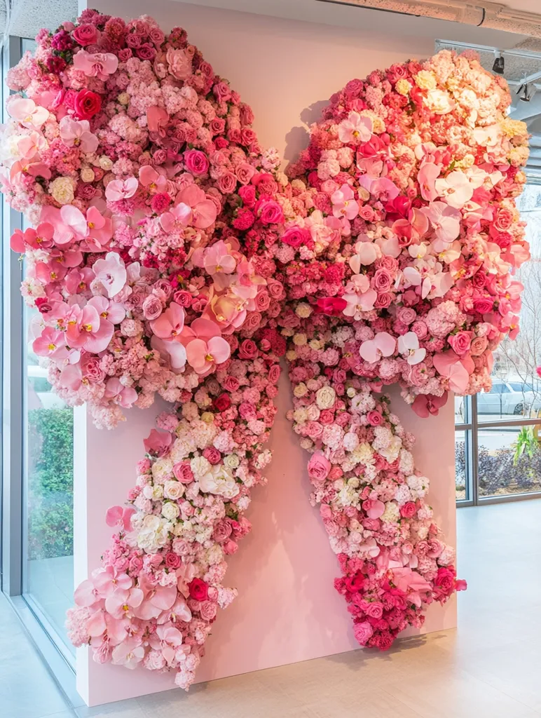 A large floral installation shaped like a bow is displayed against a pale pink wall.  The bow is densely packed with various shades of pink roses, orchids, and other flowers creating a lush, romantic effect. The flowers range in tone from light blush to deep fuchsia, providing a beautiful gradient within the design. The installation is visually striking and appears to be a statement piece.