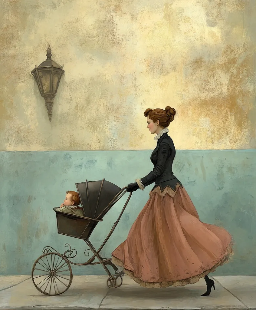 A woman in a long, flowing peach-colored skirt and dark jacket pushes a vintage baby carriage down a pale blue-walled street.  A baby sits inside the pram.  The scene is rendered in a painterly style with muted colors and a slightly aged, nostalgic atmosphere.  A solitary lamp hangs on the wall in the background.