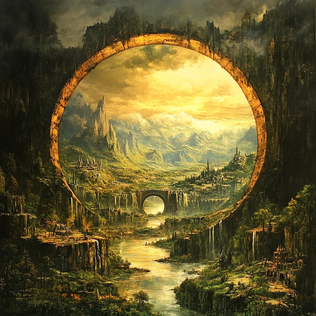 A fantasy landscape unfolds within a large, golden circular frame carved into a cliff face.  A river winds through a verdant valley towards a medieval city nestled amongst towering mountains under a dramatic, golden-hued sky.  Waterfalls cascade down the cliff, enhancing the mystical ambiance of this breathtaking, otherworldly scene.  The artistry evokes a sense of wonder and adventure.
