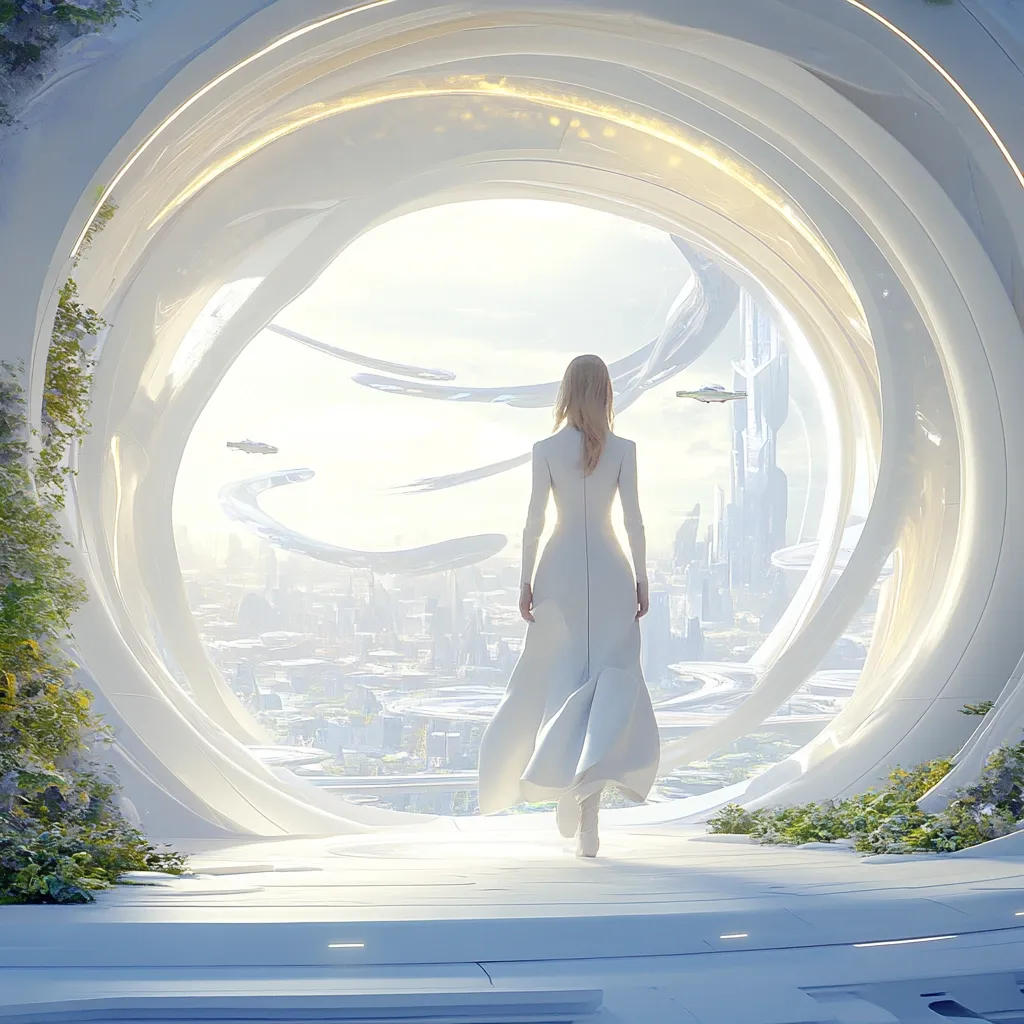 A woman in a flowing white dress stands before a large, circular window overlooking a futuristic city.  The architecture is sleek and white, with organic greenery framing the scene.  Flying vehicles are visible in the distant cityscape, bathed in soft, bright light. The overall aesthetic is one of serene futuristic elegance.