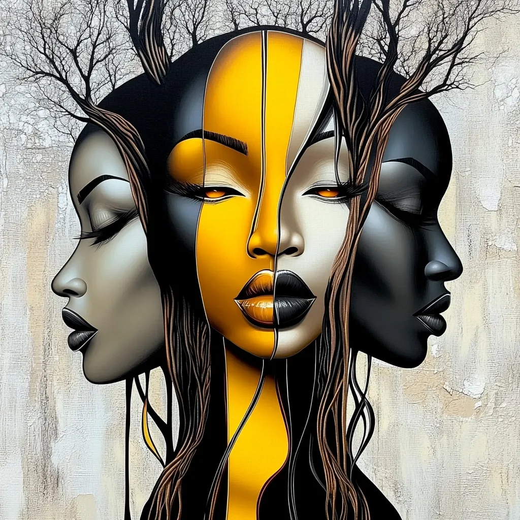 A striking artwork depicts three female faces, seemingly merged into one.  Two profiles flank a central face, split into vibrant yellow and grayscale halves.  Dark hair flows like intertwining tree branches, framing the composition.  The contrasting colors and style create a powerful and mysterious image, suggesting duality and interconnectedness. The background is a textured, neutral palette that complements the vibrant figure.