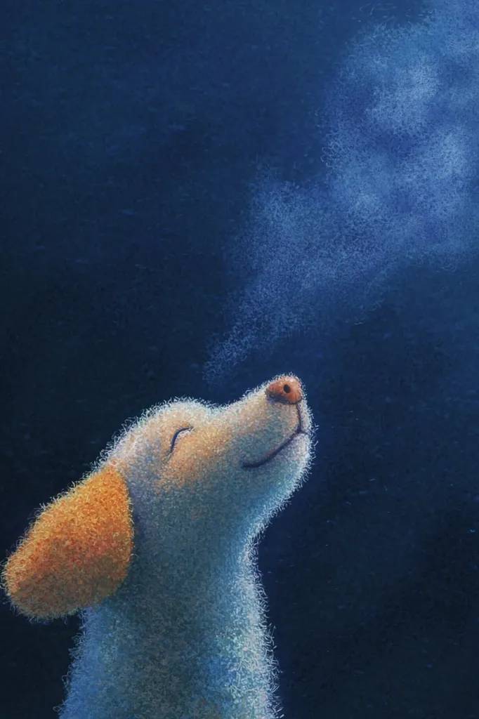 A fluffy, light-colored puppy with orange ears tilts its head upward, its eyes closed in contentment.  A soft, blue glow emanates from above, resembling a gentle breeze or magical aura. The background is a deep, textured blue, creating a serene and whimsical atmosphere. The overall style is soft, illustrative, and evokes feelings of peace and joy.