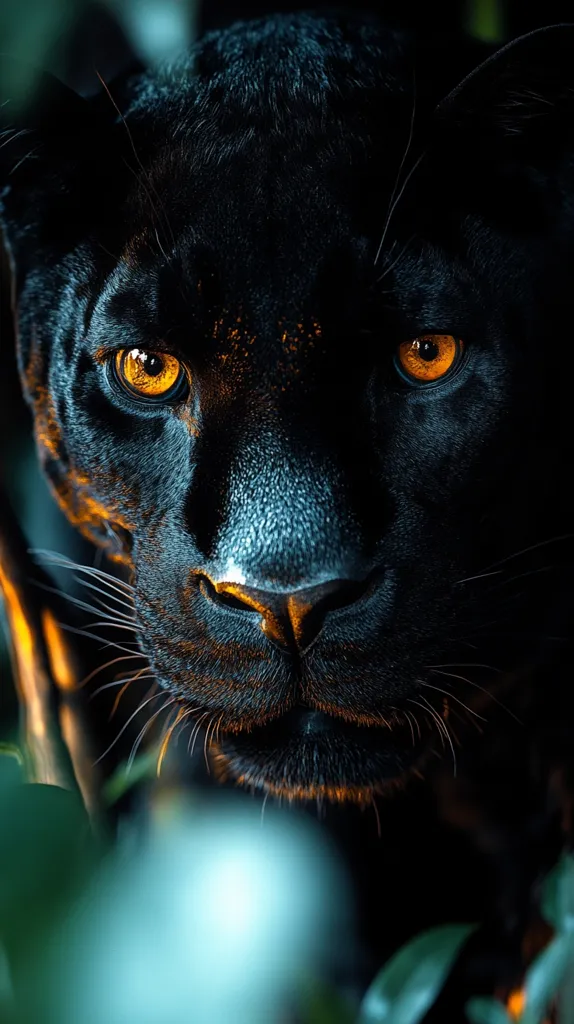 A close-up reveals a black panther's intense gaze.  Its bright, amber eyes pierce the darkness, while its sleek, black fur blends seamlessly with the shadowy background.  The panther's face is sharply in focus, emphasizing its powerful features and the delicate whiskers around its mouth.  The image is framed by blurred foliage, suggesting a lush, natural habitat.