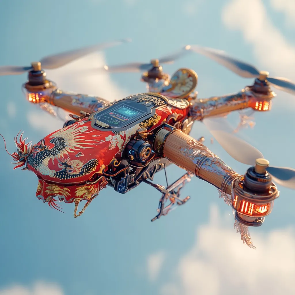 A meticulously detailed drone, seemingly inspired by steampunk and Asian aesthetics, soars through a light blue sky. Its body is adorned with intricate red and gold dragon motifs, contrasting with the polished bronze and wood components. The drone's design blends futuristic technology with traditional artistry, showcasing a unique blend of styles.  Its propellers are in motion, suggesting flight and technological advancement.