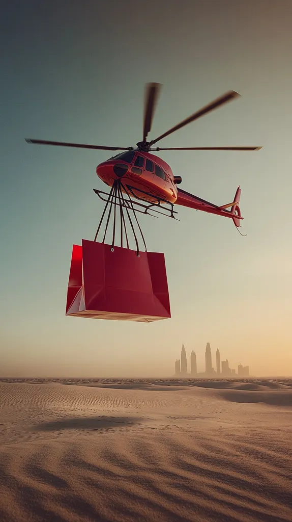 A red helicopter hovers over a desert landscape, carrying a large red shopping bag suspended beneath it.  The scene is surreal, suggesting luxury and expedited delivery. In the distance, a hazy cityscape of skyscrapers is visible on the horizon, creating a striking contrast between nature and urban development. The overall mood is one of opulence and unexpected transport.
