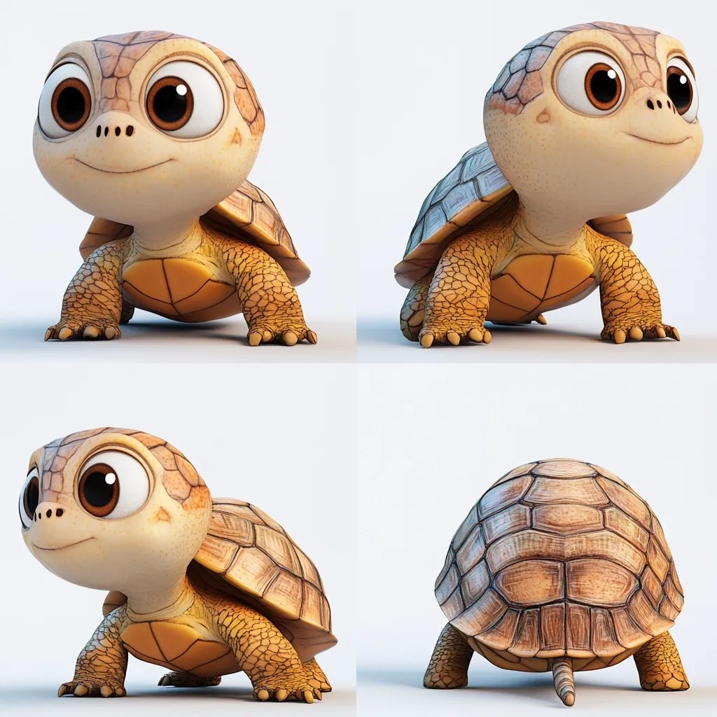 Four views of an adorable, cartoon-style baby turtle are presented.  The turtle has large, expressive eyes and a light brown shell with textured detailing.  The images show the turtle from the front, side, slightly angled, and from behind, showcasing its cute features and shell structure.  The overall style is friendly and playful.