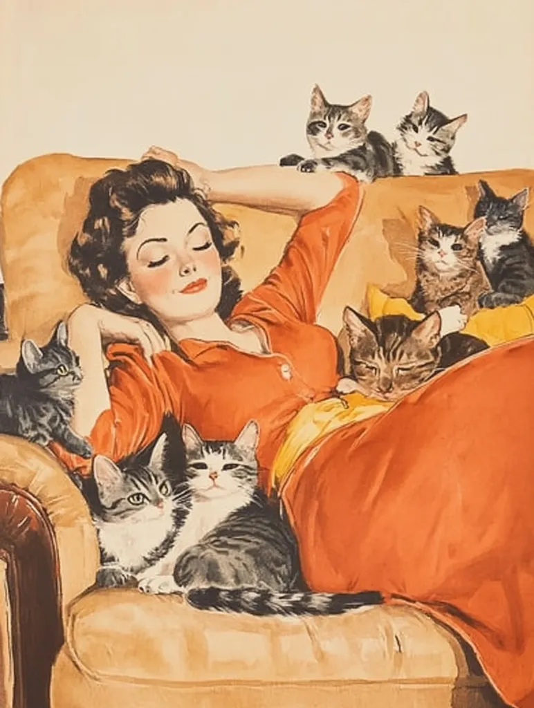 A woman in a red dress lounges on a tan armchair surrounded by several cats.  She has her eyes closed, appearing relaxed and content. The cats are a variety of grey and white tabby patterns, some nestled on pillows, others resting on her lap and the armrests. The scene is depicted in a vintage, possibly mid-century, illustration style.