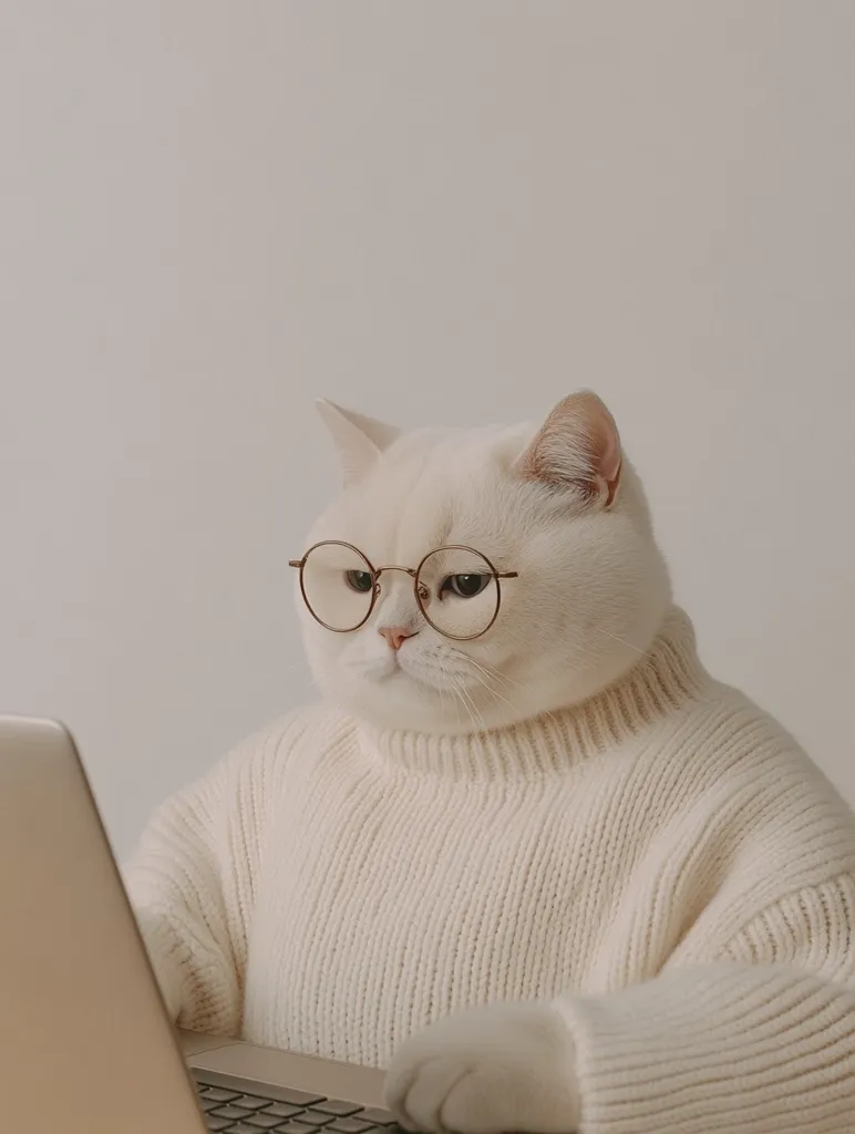 A fluffy white cat, wearing round glasses and a cream-colored sweater, sits attentively at a laptop.  The cat's expression is serious and focused, giving the impression of working diligently. The minimalist background enhances the image's overall calming and humorous tone. The scene is charming and evokes a sense of quiet productivity.
