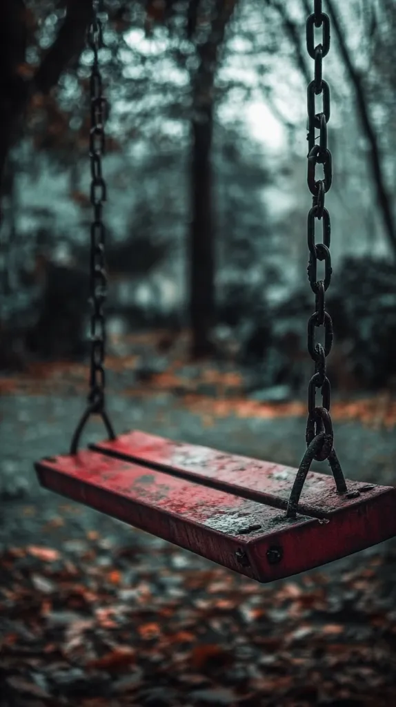 A solitary red wooden swing hangs from rusty chains in a dimly lit park.  The background is blurred, showing a dark, autumnal forest with fallen leaves scattered on the ground.  The swing appears old and weathered, conveying a sense of solitude and quiet melancholy.  The overall mood is somber and reflective.
