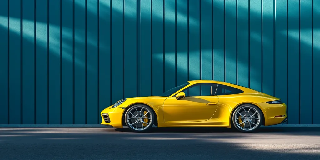A vibrant yellow Porsche 911 Carrera is parked against a teal corrugated metal wall.  Sunlight casts dramatic shadows across the wall and the car, highlighting its sleek lines and sporty design. The car is shown in profile, showcasing its elegant curves and modern features.  The scene is stylish and minimalistic.