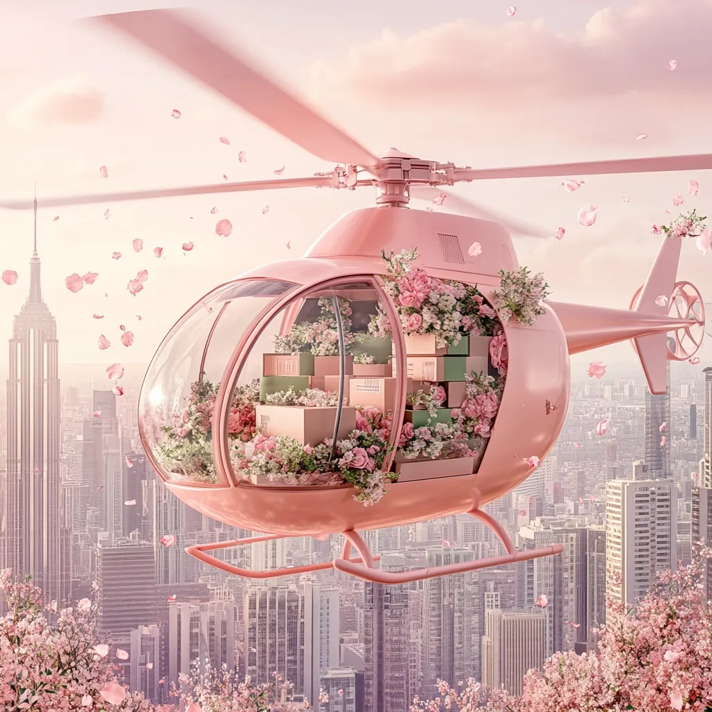 A pastel pink helicopter, filled with gift boxes and surrounded by pink flowers, flies over a city skyline.  Rose petals drift in the air. The scene is dreamy and whimsical, suggesting a luxurious delivery service or a romantic gesture.  The Empire State Building is visible in the background.