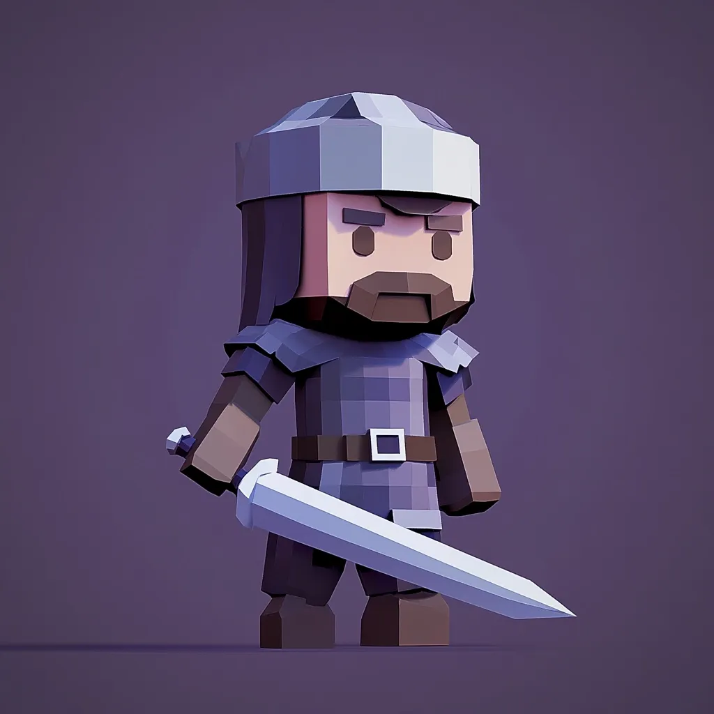 A low-poly 3D model of a medieval warrior is depicted.  He's a stout, bearded figure wearing a fur-lined cap and chainmail tunic.  The warrior holds a large, light-blue sword, his expression stern. The overall style is simplistic and blocky, characteristic of low-polygon 3D rendering. The background is a solid, muted purple.