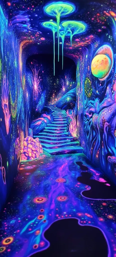 A psychedelic tunnel glows with vibrant neon colors.  Walls are painted with a cosmic scene featuring glowing planets, nebulae, and bioluminescent flora.  A staircase leads deeper into the immersive, otherworldly environment, creating a surreal and captivating visual experience. The floor mirrors the wall's cosmic design, enhancing the overall dreamlike atmosphere.