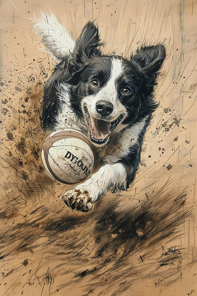 A dynamic illustration captures a joyous Border Collie in mid-leap, a rugby ball clutched in its muddy paws. The dog's expressive face, accentuated by dynamic brushstrokes, conveys unrestrained excitement.  The background suggests a dirt field, mirroring the mud splattered on the dog's fur, adding to the lively, energetic composition.  The artist's style utilizes a blend of charcoal and other media to create a textured and expressive artwork.