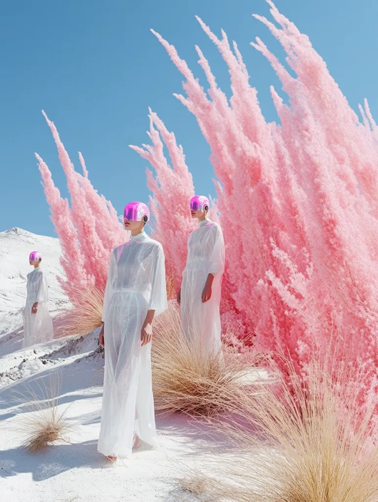Three figures in white flowing gowns and futuristic pink helmets stand amidst a surreal landscape.  Towering, vibrant pink grasses form a backdrop against a clear blue sky. The scene evokes a feeling of otherworldly beauty and futuristic fashion, with the stark white of the clothing contrasting sharply with the bright pink.  A sense of serene isolation permeates the image.