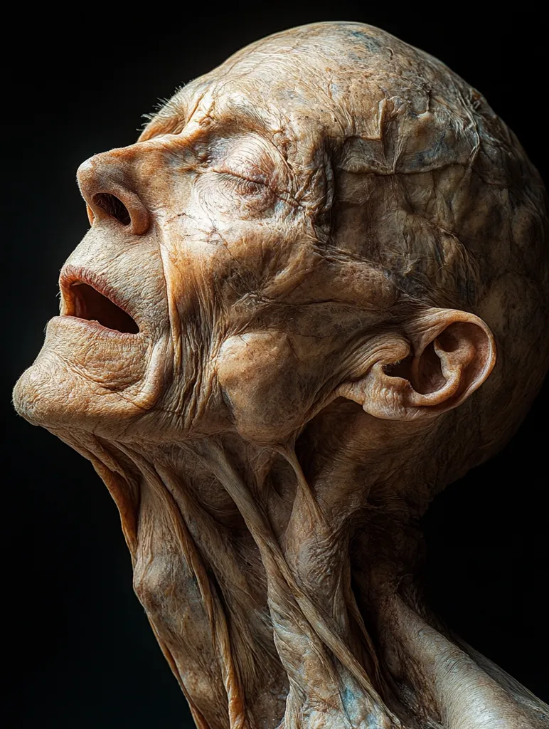 Close-up of a meticulously detailed anatomical study, showcasing the intricate musculature and aged texture of a human head and neck.  The subject's head is tilted back, mouth open, eyes closed, revealing the complex network of tendons and ligaments beneath the skin. The image is stark and dramatic, highlighting the beauty of the human form even in its most exposed state. The dark background emphasizes the detail of the subject.
