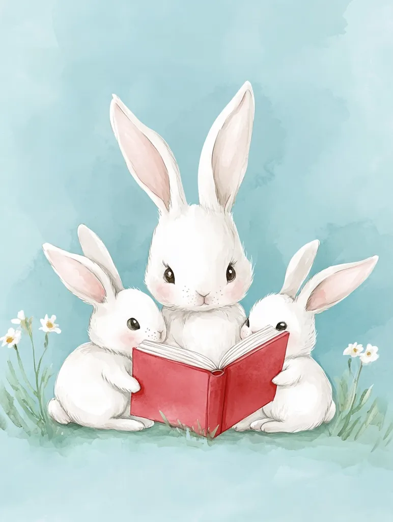 A heartwarming watercolor illustration depicts a mother rabbit and her two young bunnies gathered around a red book. The mother rabbit sits in the center, while her two offspring flank her on either side, all attentively looking at the book.  The scene is set against a soft blue background, with delicate wildflowers adding a touch of springtime charm. The bunnies are depicted in a soft, fluffy style, evoking feelings of warmth and family.