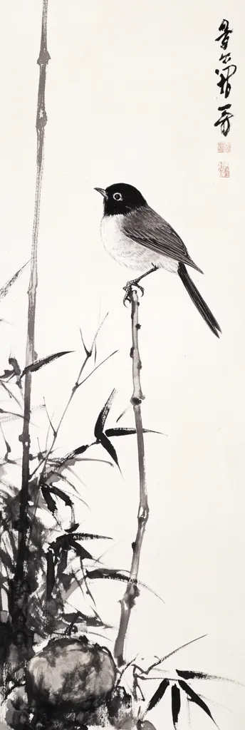A monochromatic ink wash painting depicts a small bird perched on a bamboo stalk.  The bird, rendered in shades of grey and black, is delicately detailed.  The bamboo is depicted with expressive brushstrokes, suggesting movement and fluidity.  A rock is partially visible at the base, adding to the natural setting.  The overall style is minimalist and evokes a sense of calm.  Calligraphy is present on the right.