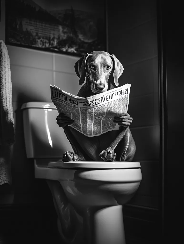A Weimaraner dog sits on a toilet, engrossed in reading a newspaper. The monochrome image highlights the dog's attentive expression and the contrast between the dog and the bathroom setting.  The scene is humorous, showcasing the unexpected juxtaposition of a dog engaging in a human activity. The newspaper is partially obscured, adding to the intrigue.