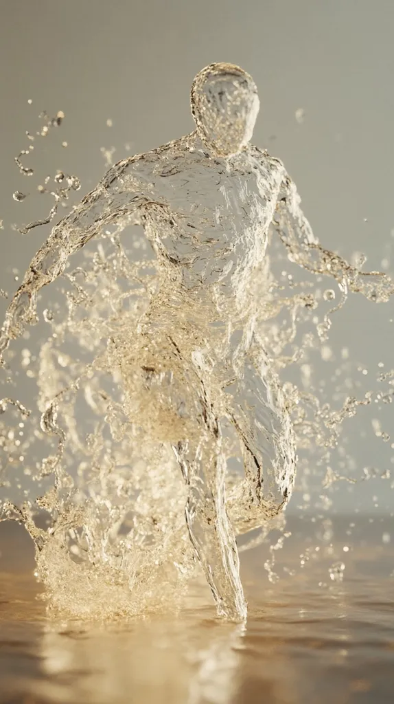 A translucent, human-like figure, formed from water, is depicted in motion.  The figure appears to be running, with water splashing and swirling around it. The overall tone is light and ethereal, with the water having a golden hue against a neutral background. The image suggests fluidity, dynamism, and the transformative nature of water.