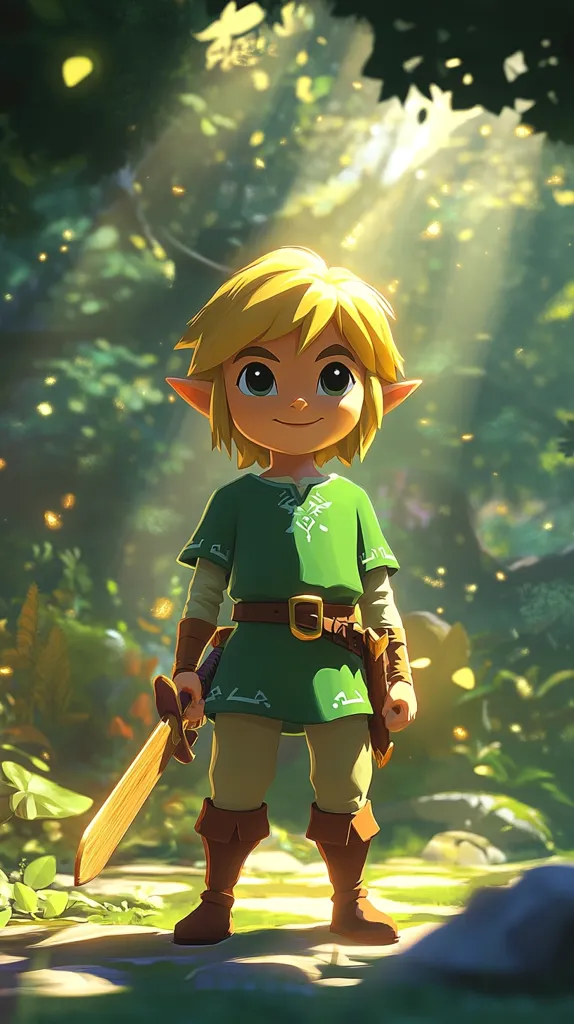 A stylized depiction of Link, the hero from the Legend of Zelda series, stands in a sun-dappled forest.  He's a young boy with blond hair, wearing his iconic green tunic and brown boots.  A wooden sword is held at his side.  The artwork features a warm, enchanting atmosphere, showcasing Link in a serene moment amidst nature.  Light streams through the leaves, creating a magical ambiance.
