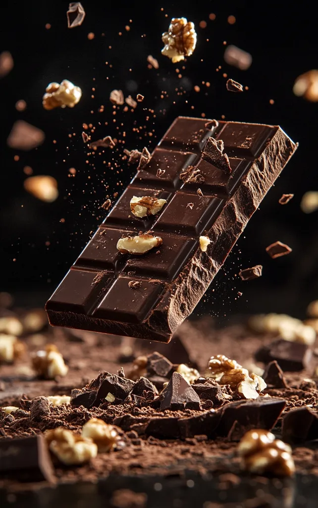 A dark chocolate bar, studded with walnuts, is captured mid-air against a black background.  Pieces of chocolate and walnuts are scattered around it, creating a dynamic, delicious scene.  Cocoa powder dusts the lower portion of the image, adding to the rich, decadent feel of the photograph. The focus is sharp on the suspended chocolate, emphasizing its texture and the contrast of the smooth chocolate against the rough walnuts.