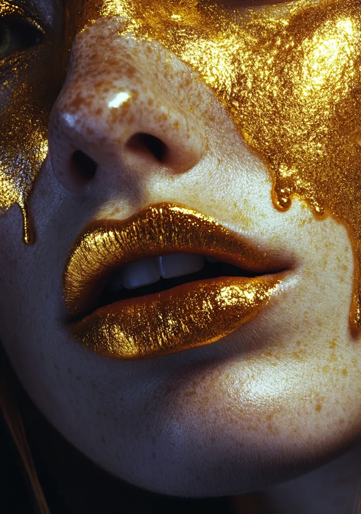 A close-up shot reveals a woman's face adorned with gold paint, meticulously applied to create a dramatic effect.  The gold drips down her face, accentuating her freckled skin and full lips, also coated in shimmering gold. The image is rich in texture and contrast, highlighting the metallic sheen against the natural tones of her skin.  The overall impression is one of opulence and artistic expression.