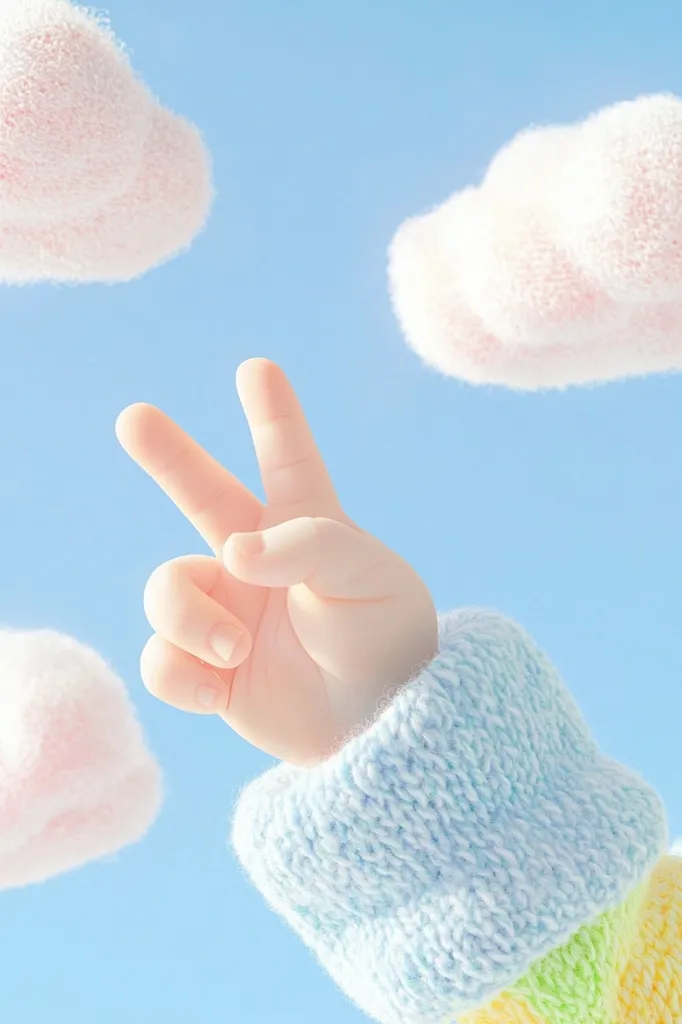 A child's hand, wearing a pastel-colored knitted sweater, makes a peace sign against a backdrop of fluffy, pastel-colored clouds in a bright blue sky.  The image evokes a feeling of peace, innocence, and springtime. The clouds appear soft and whimsical, enhancing the overall dreamy aesthetic.