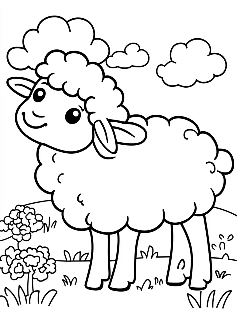 A cute cartoon sheep stands in a grassy field under a cloudy sky.  The sheep has a fluffy coat and large, expressive eyes.  Simple flowers add detail to the scene, creating a whimsical coloring page image suitable for children.  The line art is clean and easy to follow.