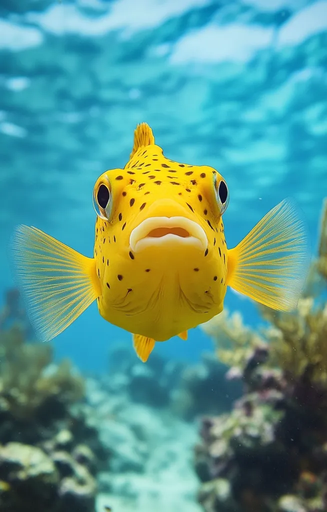 A vibrant yellow fish, adorned with dark spots, stares directly at the camera.  Its fins are elegantly spread, showcasing its bright coloration. The fish is swimming in clear turquoise water, with a blurred background of coral reef, creating a striking contrast between the fish and its environment. The image captures a captivating underwater scene.