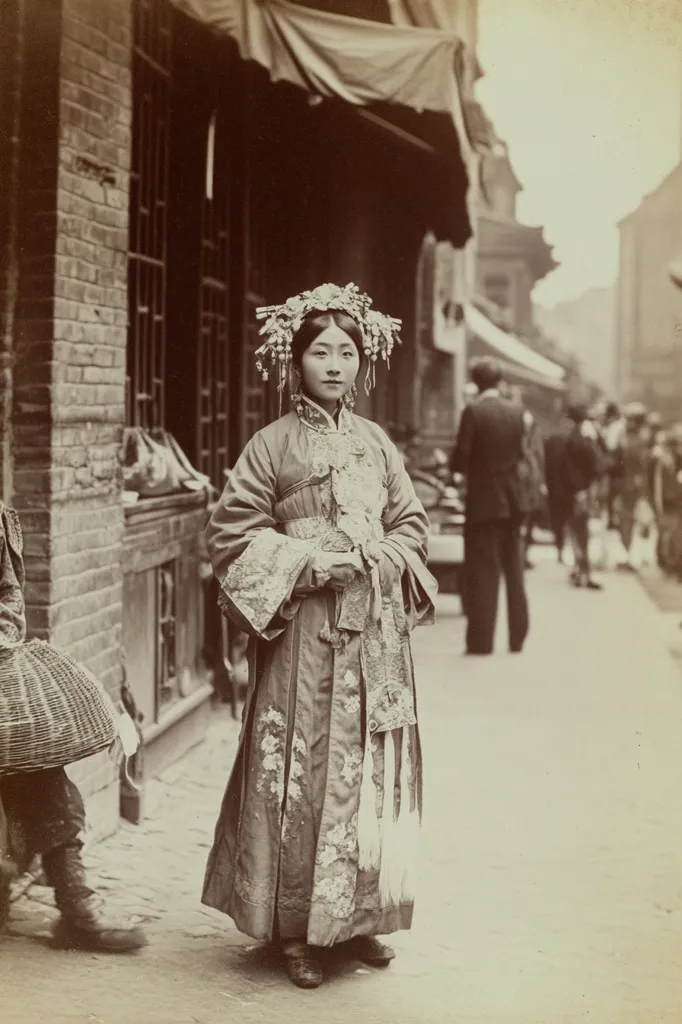 A sepia-toned photograph shows a young Chinese woman standing on a cobblestone street. She wears an ornate, long robe adorned with embroidered details and a decorative headdress. Her expression is serene. The background reveals a bustling street scene with other individuals and buildings, suggesting a busy urban setting, possibly in a foreign city. The overall image portrays a blend of traditional Chinese attire and a Western urban environment.