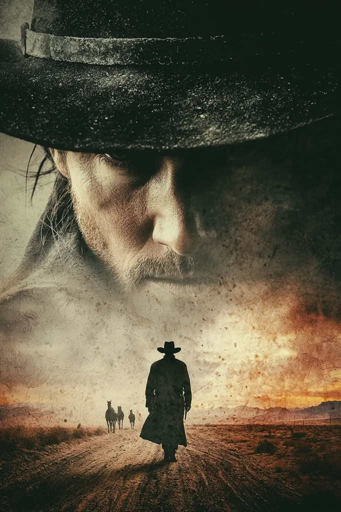 A dramatic, stylized image depicts a weathered, intense cowboy's face dominating the upper half.  His gaze is sharp, his expression serious.  Below, a lone figure in a long coat and hat walks away down a dusty road, three horses trailing behind. The background is a sepia-toned, desolate landscape under a fiery sunset. The overall effect is moody and evocative of a Western film.