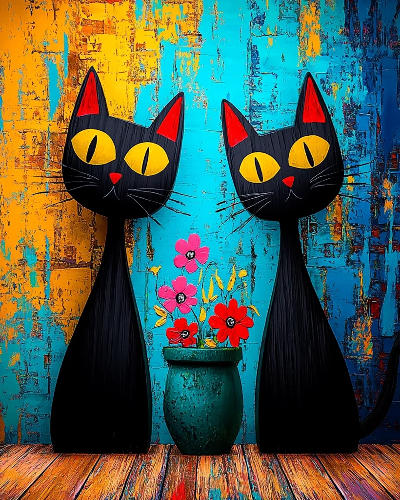 A vibrant painting features two stylized black cats with large, expressive yellow eyes.  They flank a teal vase filled with bright pink and red flowers against a bold, textured background of teal and yellow.  The cats' sleek, simple forms contrast with the energetic brushstrokes of the background and flowers, creating a playful yet sophisticated piece.