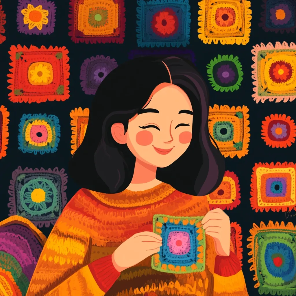 A smiling young woman with dark hair sits against a vibrant background of colorful crocheted granny squares.  She wears a similarly hued, textured sweater and gently holds a partially completed granny square, showcasing her crocheting skills. The illustration's warm colors and cheerful style create a cozy and inviting atmosphere.