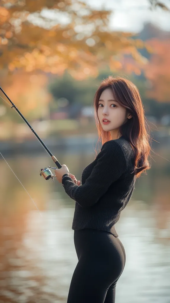 A young woman with long brown hair stands by a calm body of water, holding a fishing rod. She's dressed in a black sweater and leggings, and the autumnal colors of the blurred background create a serene atmosphere.  The scene is peaceful and picturesque, highlighting the woman's relaxed pose.